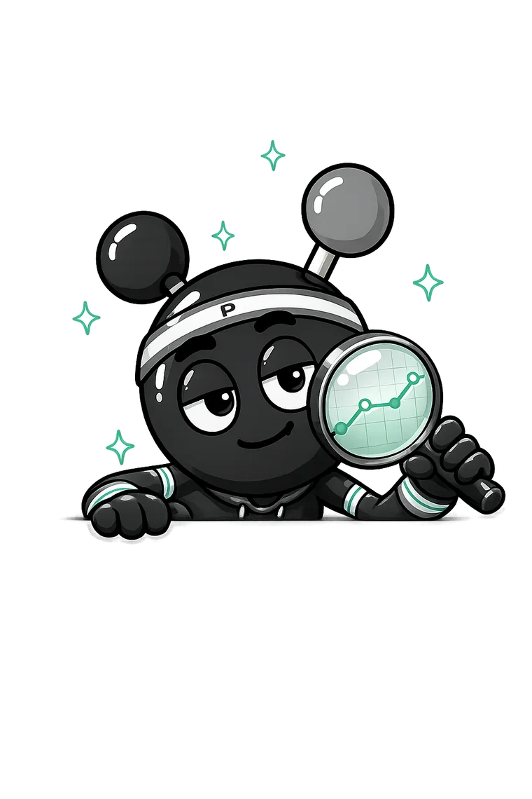 Shade, the dark mascot with teal accents, peeking over a chart with a magnifier, for insights.